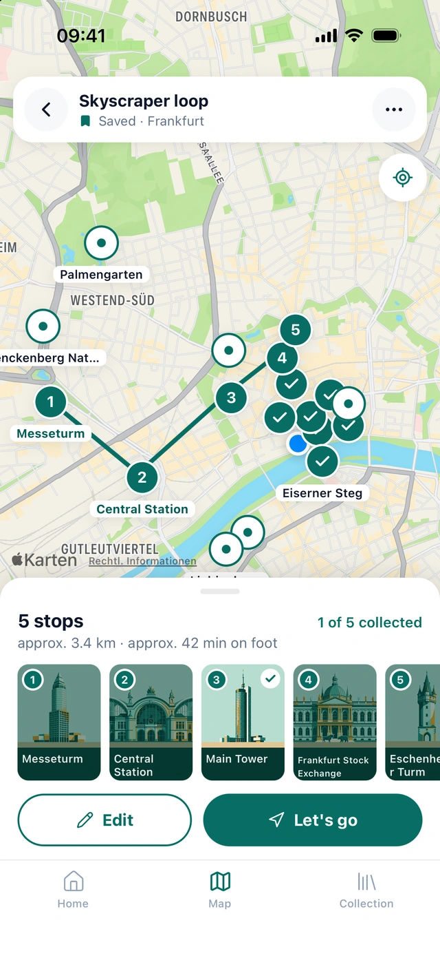 Saved Skyscraper loop with 5 stops, 3.4 kilometres, 42 minutes on foot, Let's go button