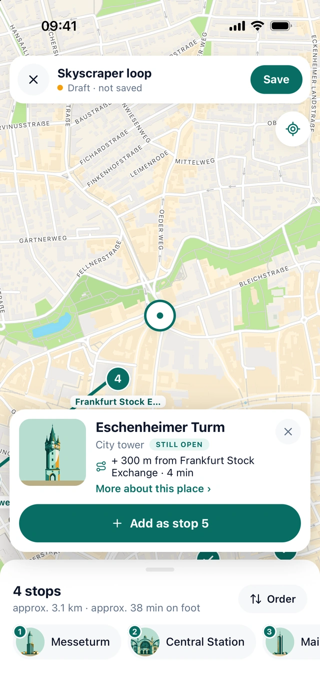 Planning a route: Eschenheimer Turm, plus 300 metres from Frankfurt Stock Exchange, 4 minutes – add as stop 5