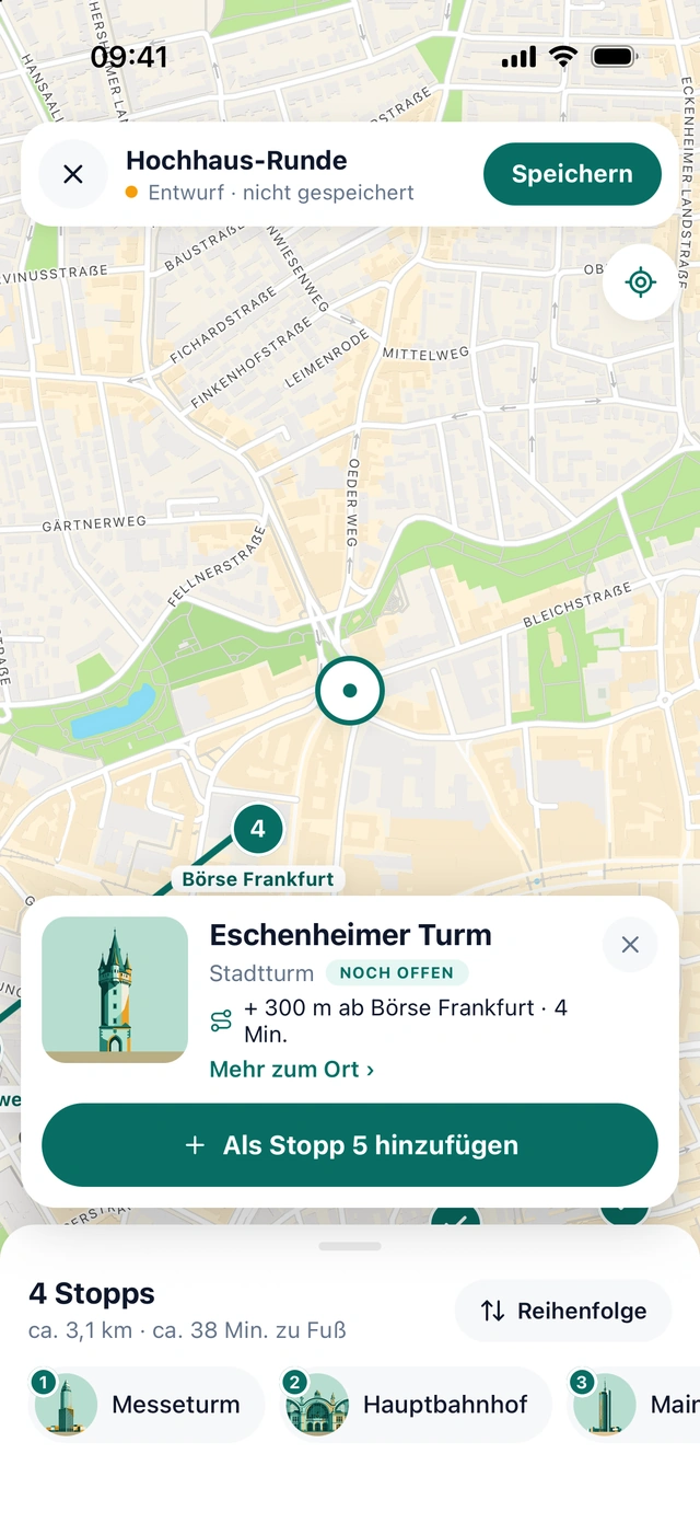 Route planen: Eschenheimer Turm, plus 300 Meter ab Börse Frankfurt, 4 Minuten – als Stopp 5 hinzufügen
