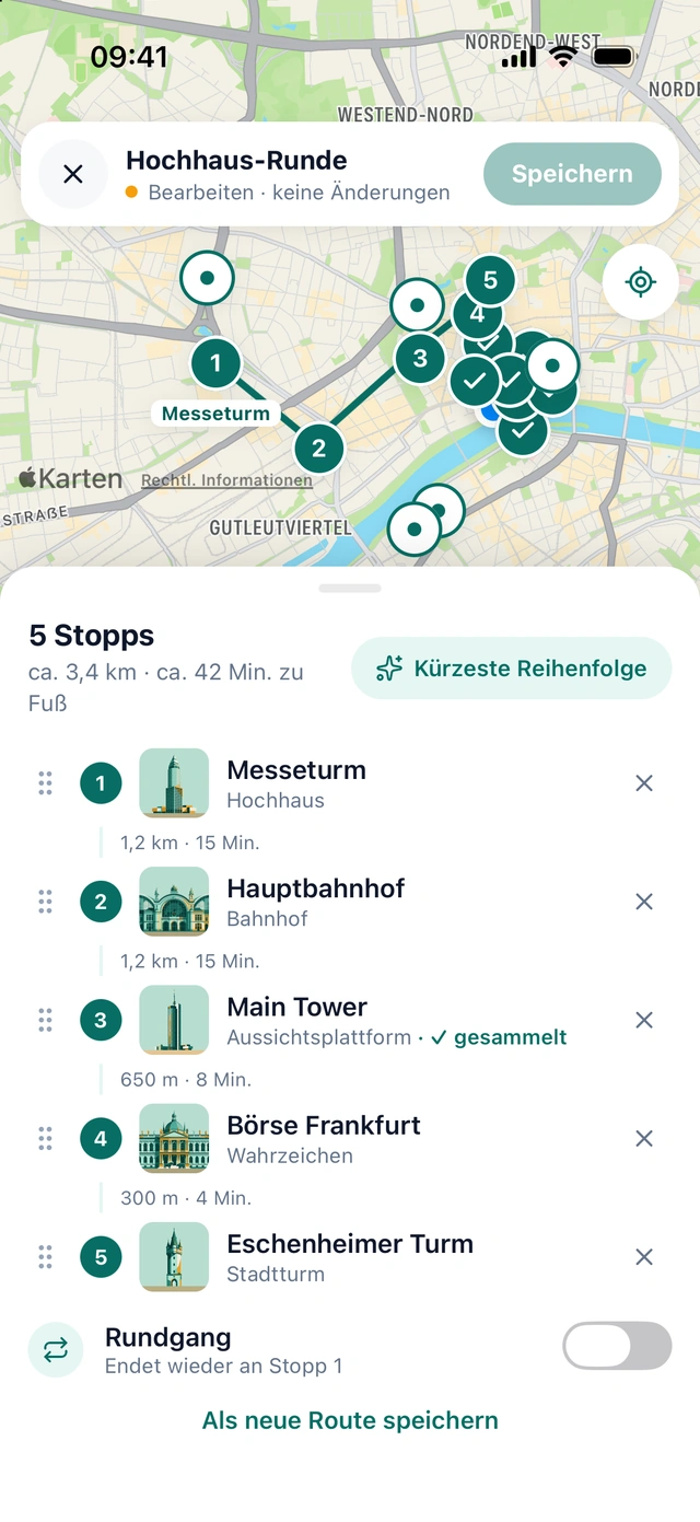 Stoppliste der Hochhaus-Runde mit Gehzeiten, kürzester Reihenfolge und Rundgang
